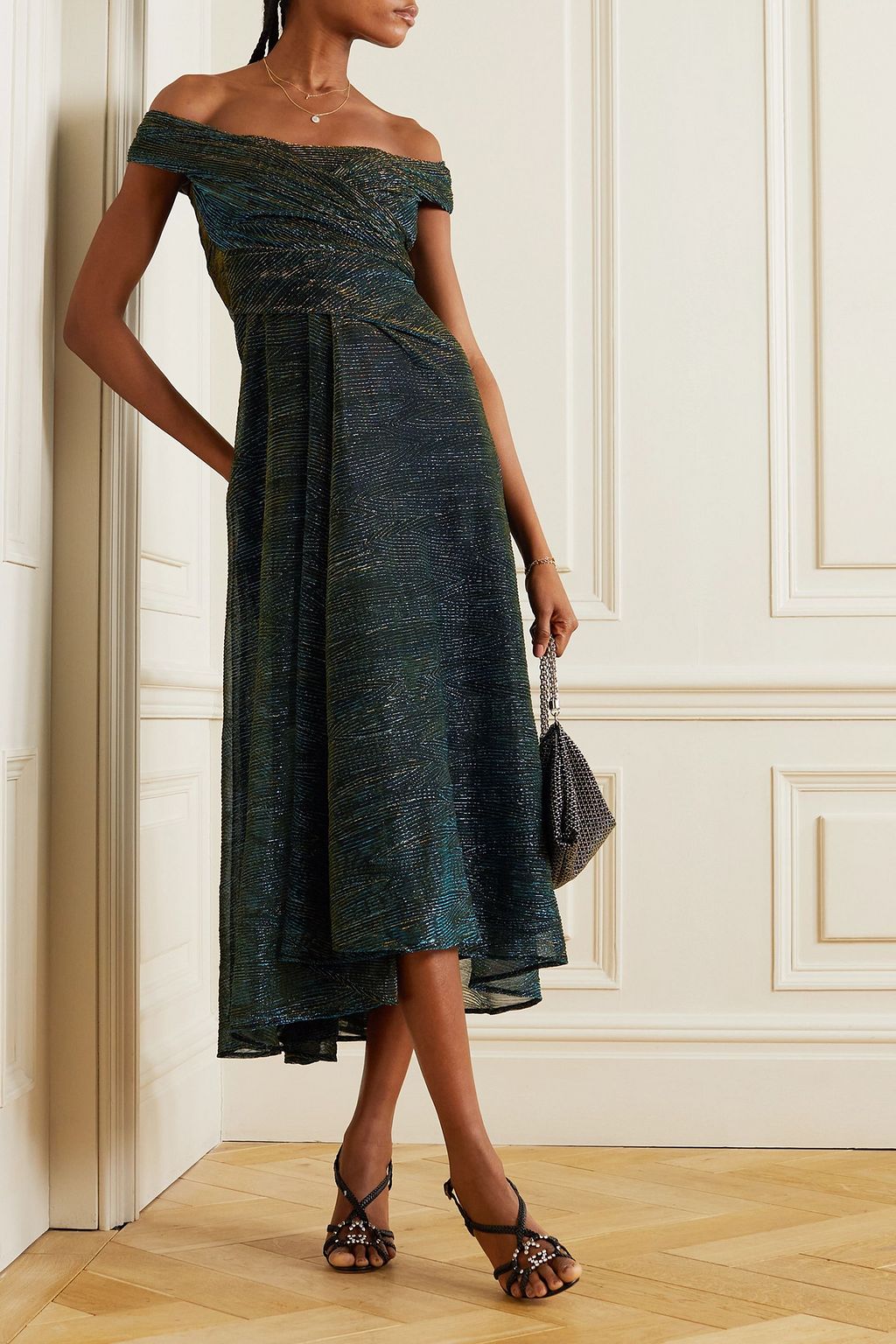 TALBOT RUNHOF Draped metallic voile midi dress