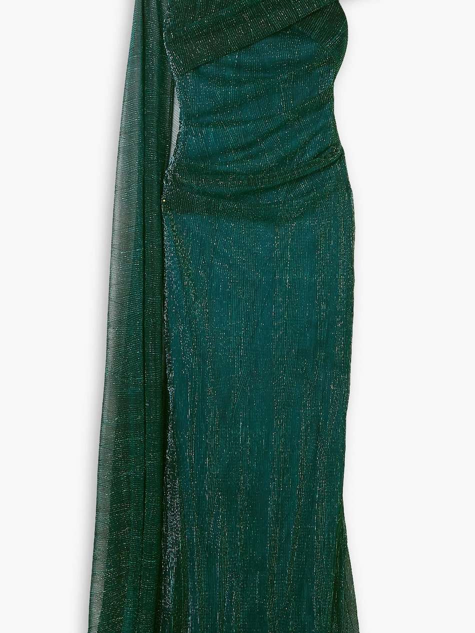 asymmetric cape-effect stretch-lamé gown