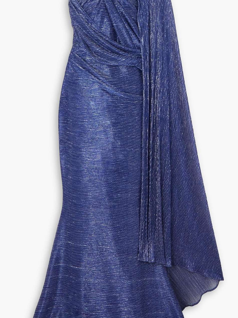 asymmetric cape-effect metallic voile gown