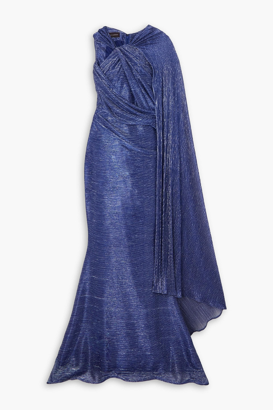 Asymmetric cape-effect metallic voile gown