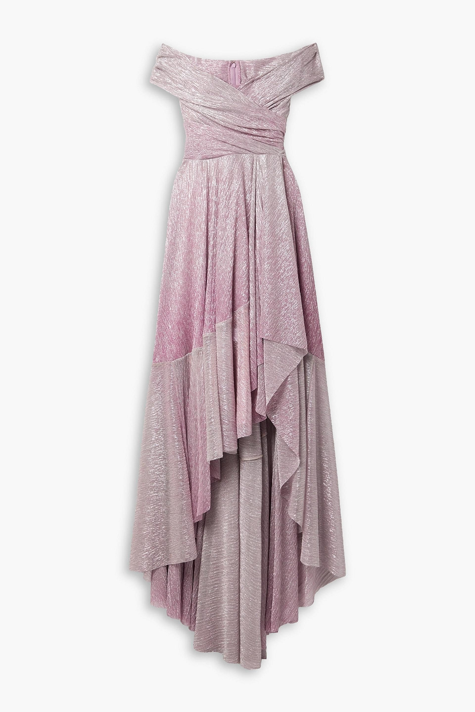 Talbot Runhof Off-the-shoulder Asymmetric Metallic Voile Gown In Lilac