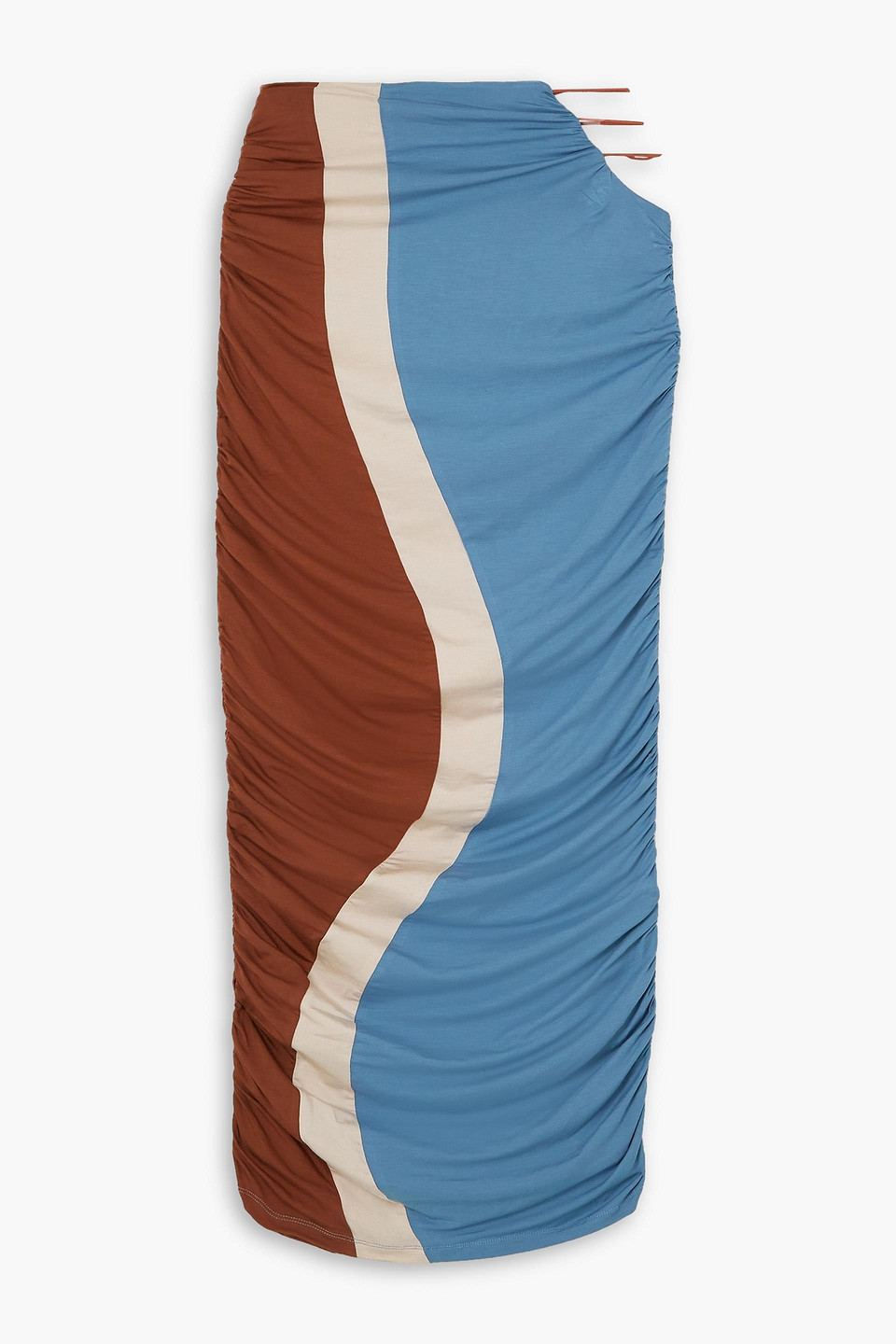 Ahluwalia Cutout Color-block Ruched Stretch-lyocell Jersey Maxi Skirt In Light Blue