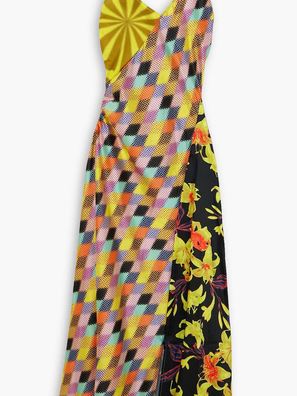 asymmetric printed duchesse-satin maxi dress