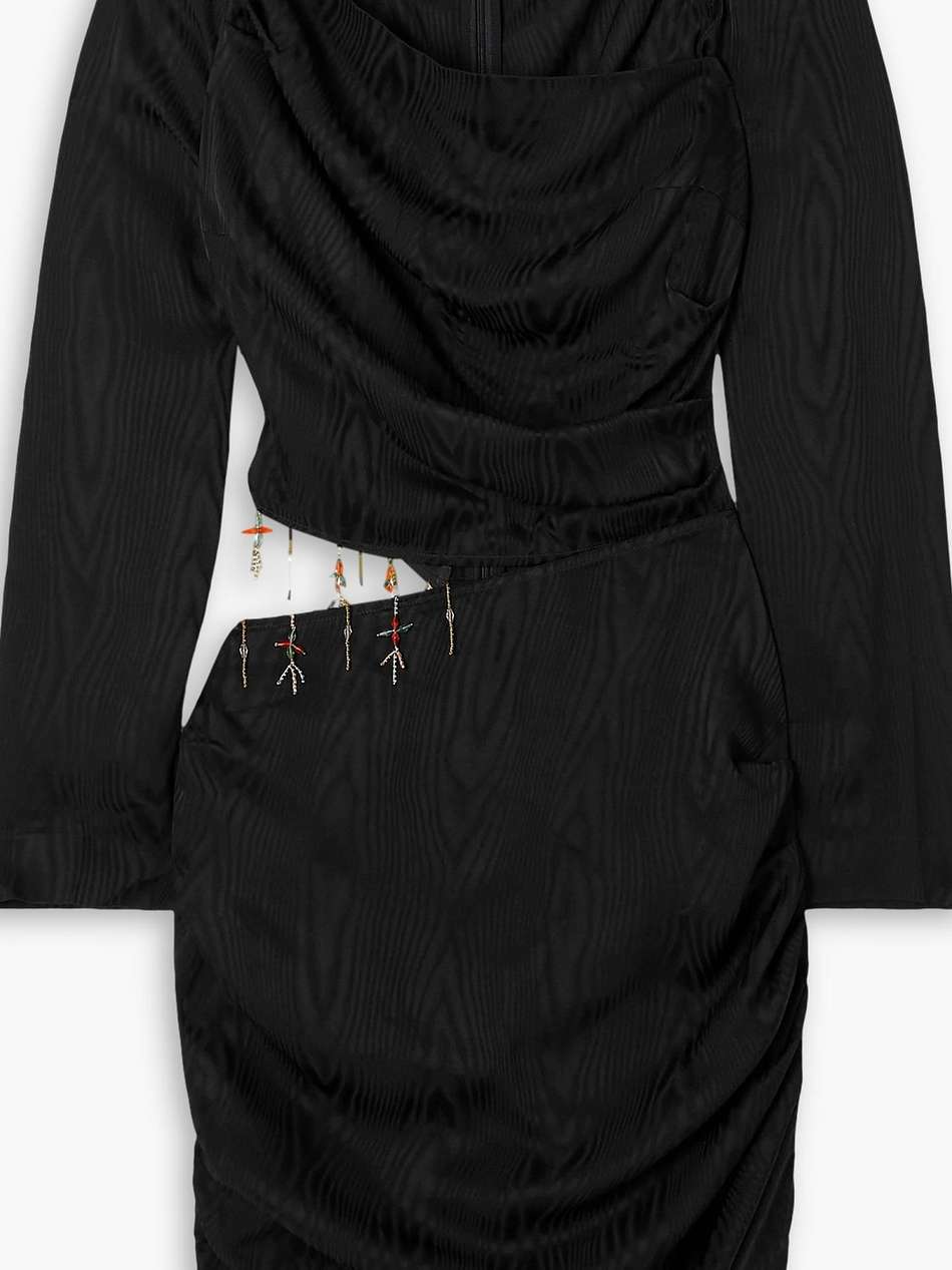 femi cutout draped bead-embellished moire mini dress