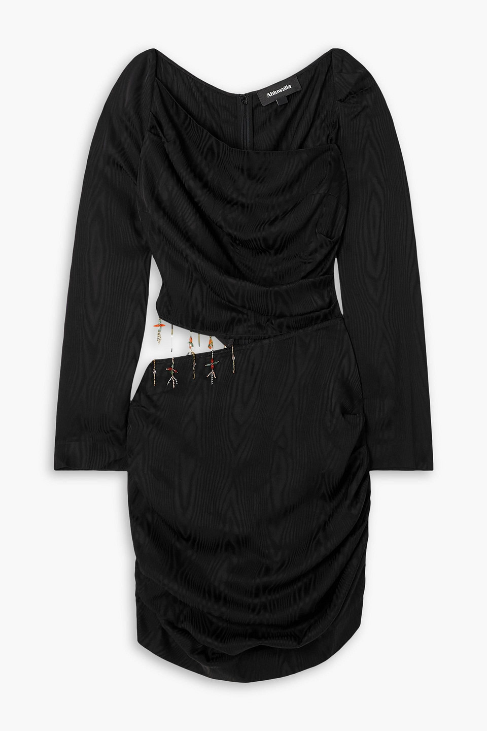 Ahluwalia Femi Cutout Draped Bead-embellished Moire Mini Dress In Black