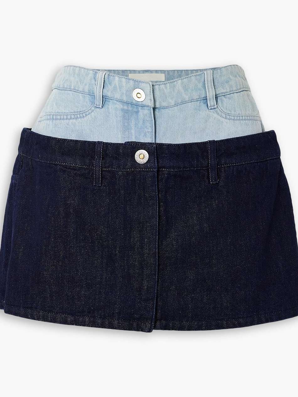 paneled two-tone denim mini skirt