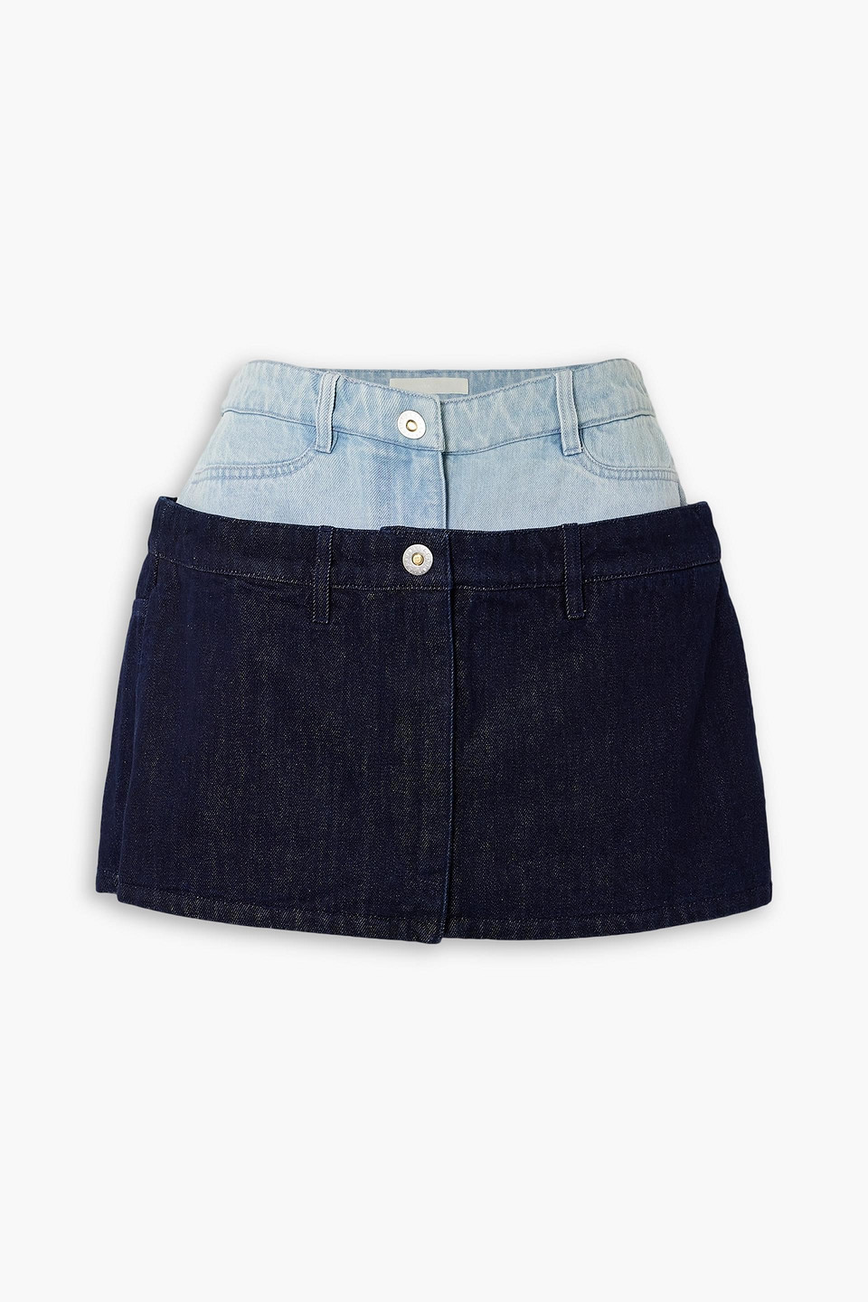 Dion Lee Paneled Two-tone Denim Mini Skirt In Dark Denim