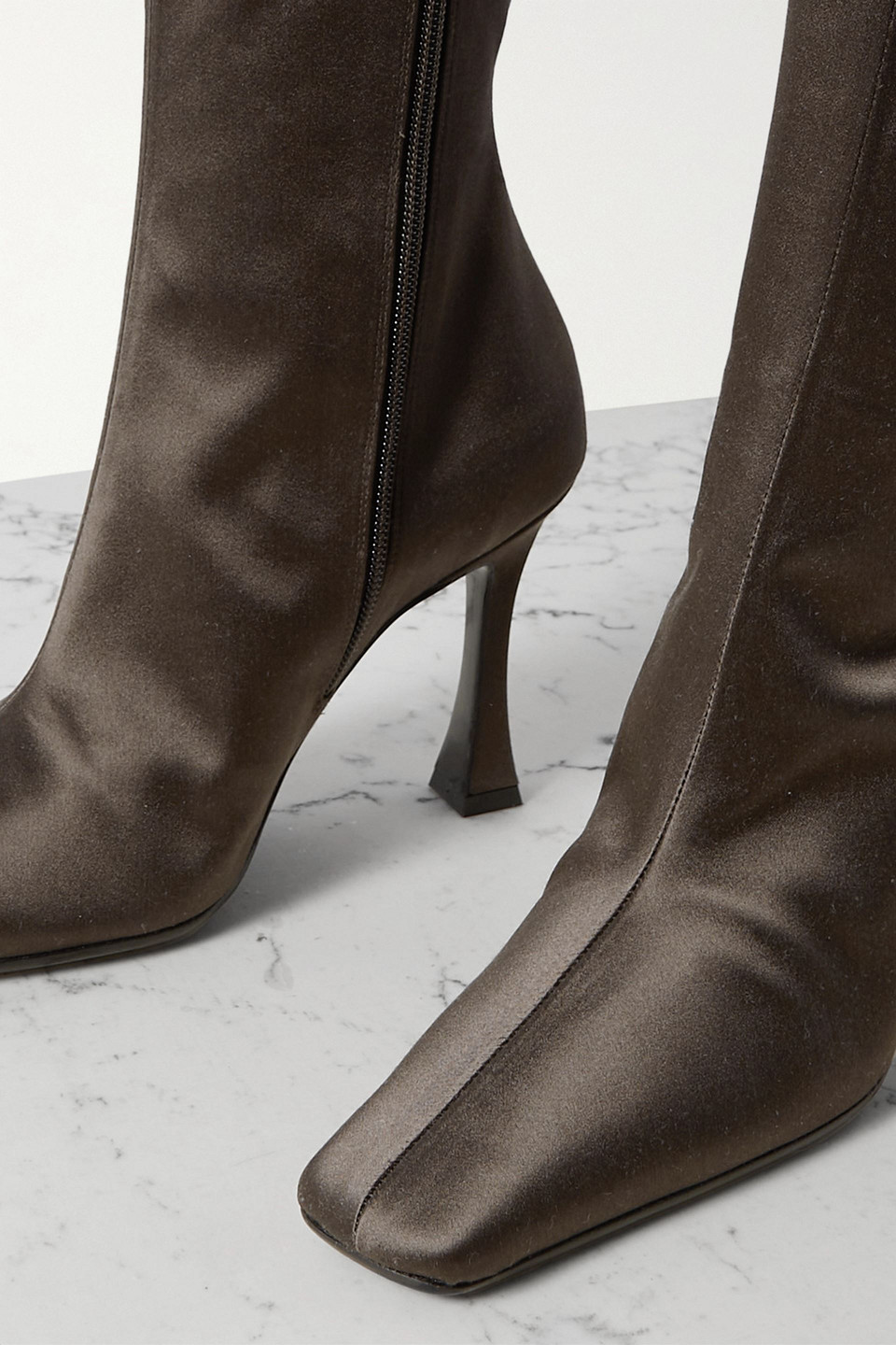 MAGDA BUTRYM FAUX FUR-TRIMMED SATIN KNEE BOOTS