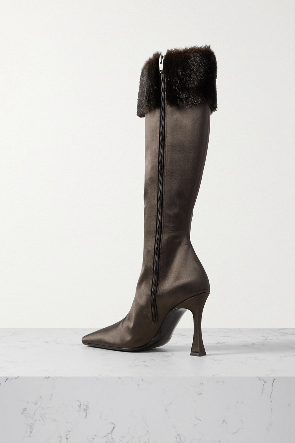 Shop Magda Butrym Faux Fur-trimmed Satin Knee Boots In Brown