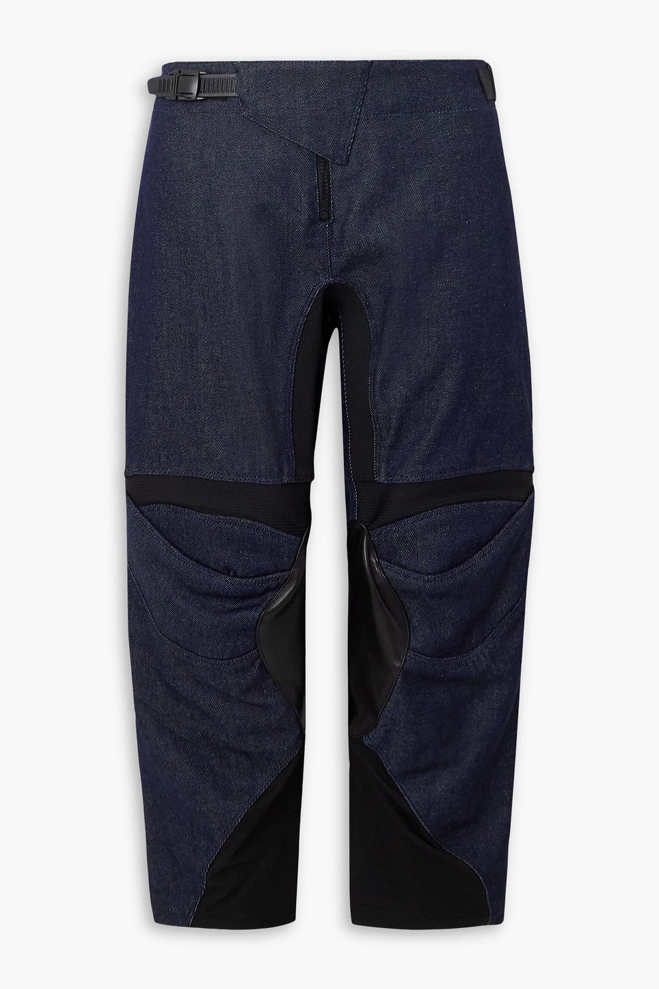 Cropped leather and jersey-trimmed mid-rise tapered jeans