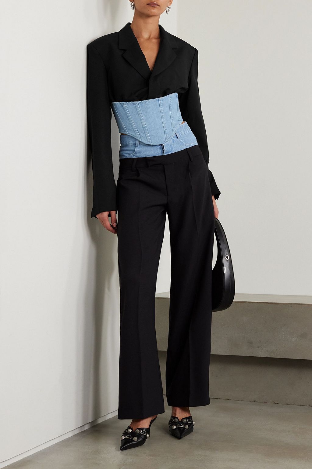 DION LEE Float cropped paneled denim and wool blazer