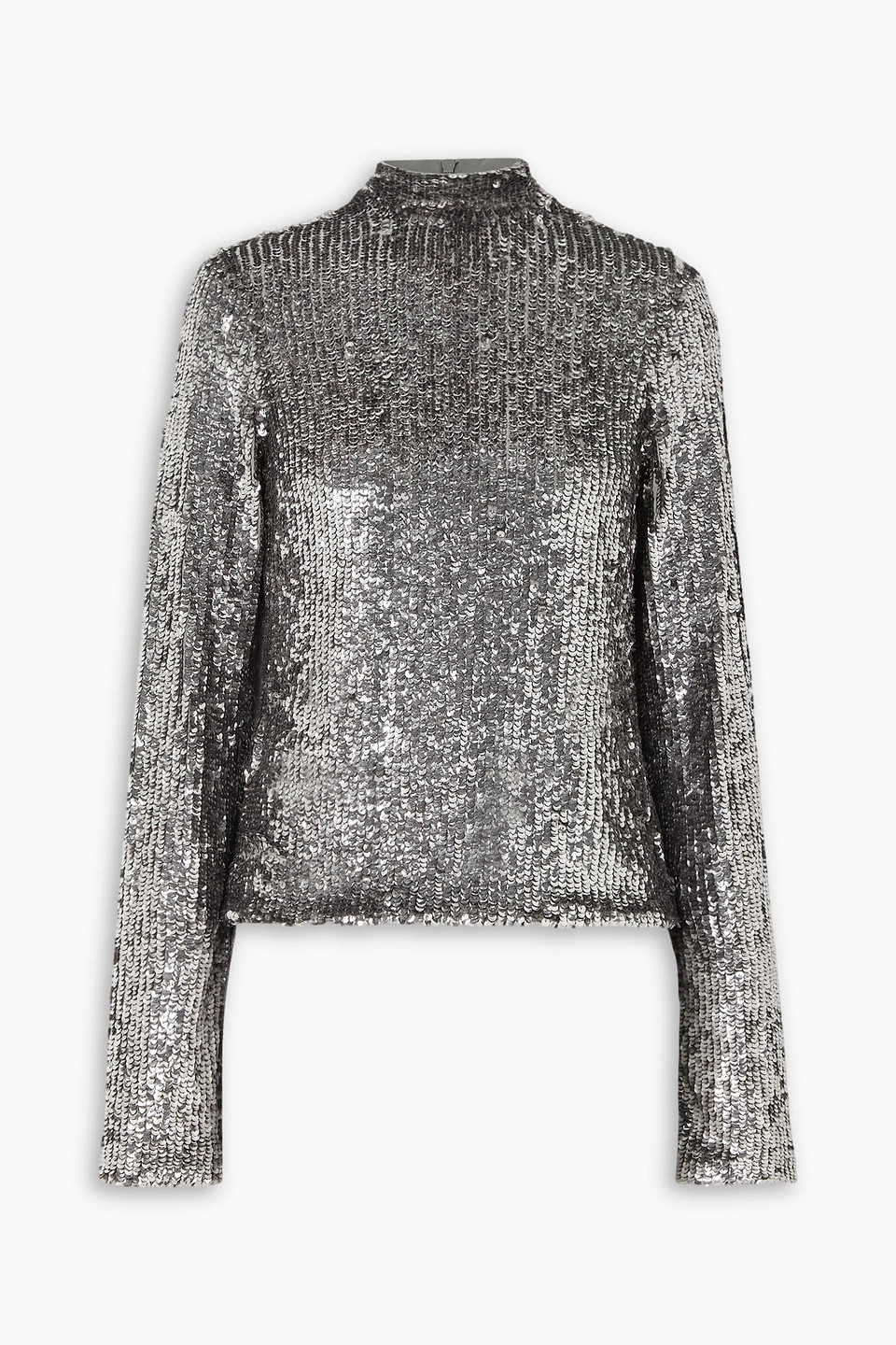Interior Frances Sequined Stretch-tulle Turtleneck Top In Silver
