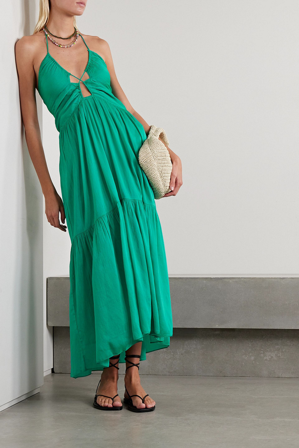Isabel Marant Birona Cutout Cotton And Silk-blend Crepon Halterneck Maxi Dress In Jade