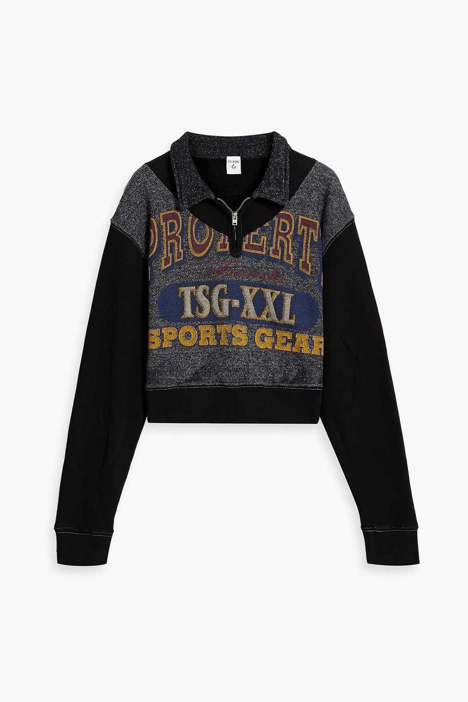 Re/done 90s Cropped Printed Cotton-blend Fleece Half-zip Sweatshirt In Black