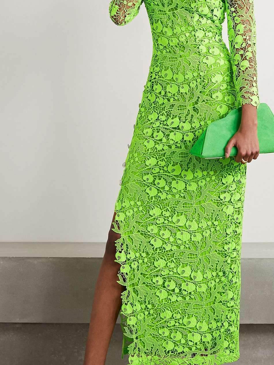 embellished corded lace midi dress