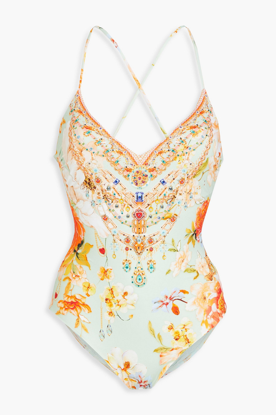 Camilla Crystal-embellished Floral-print Swimsuit In Sky Blue