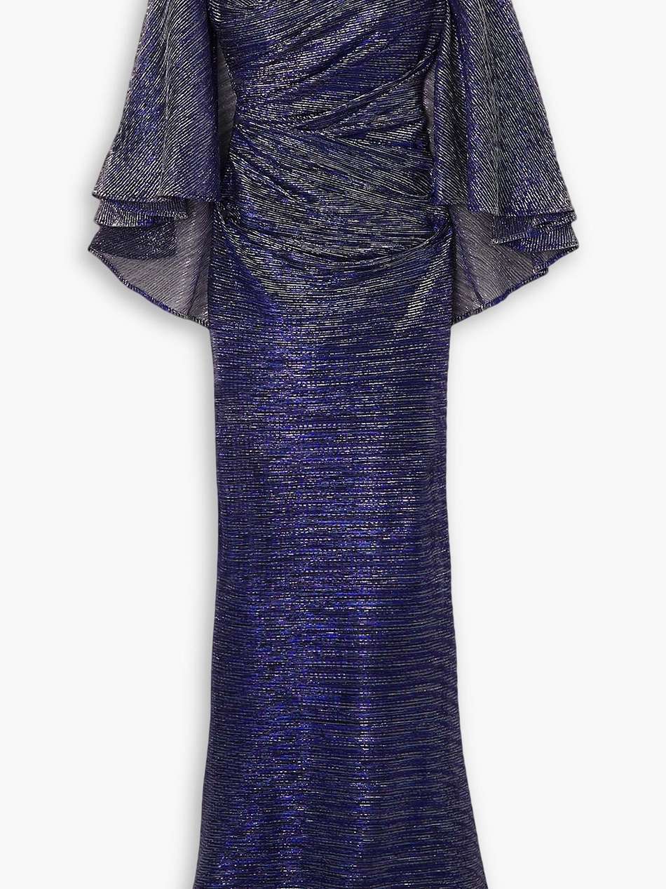 cape-effect metallic voile gown