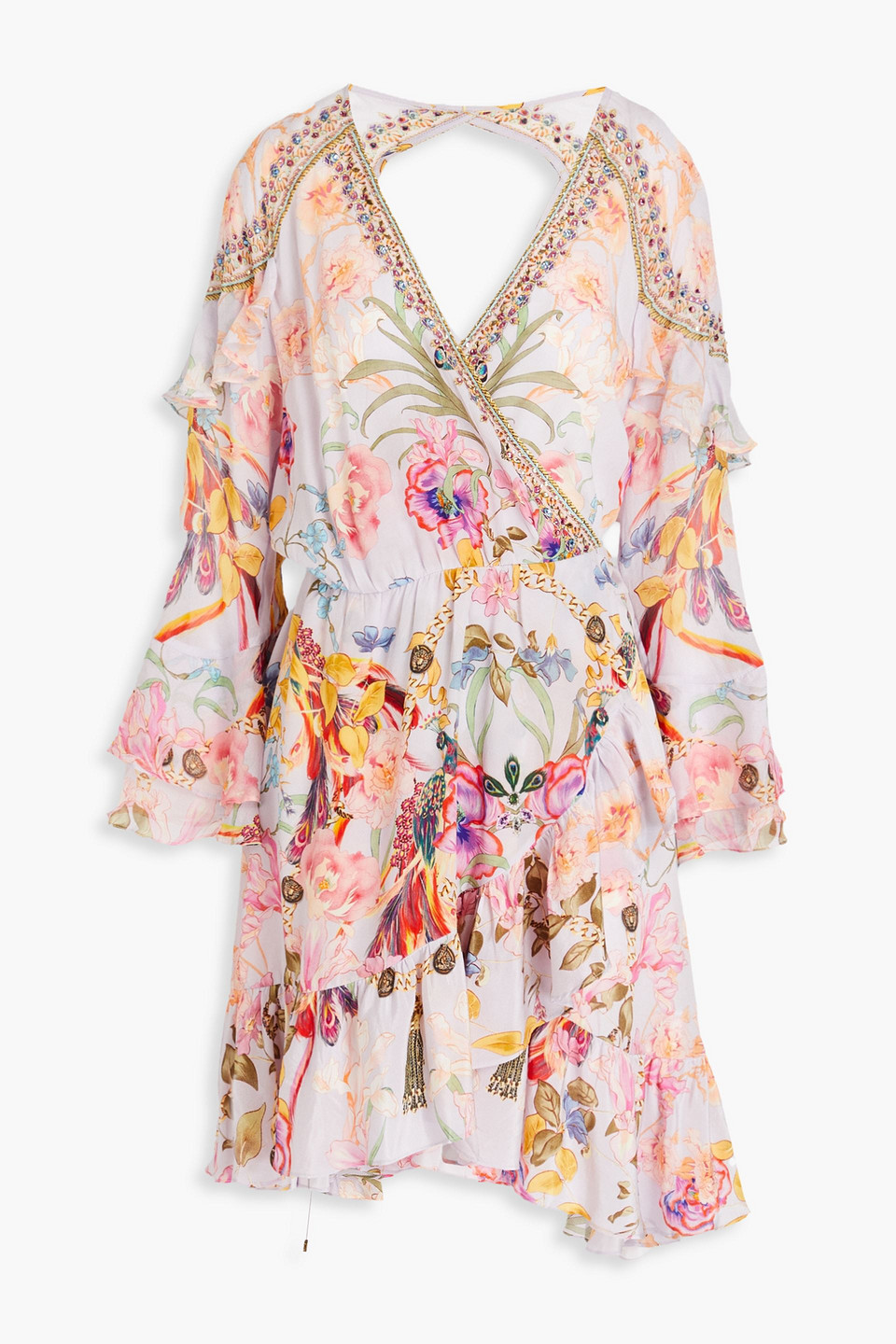 Camilla Embellished Printed Silk Crepe De Chine Mini Wrap Dress In Lilac