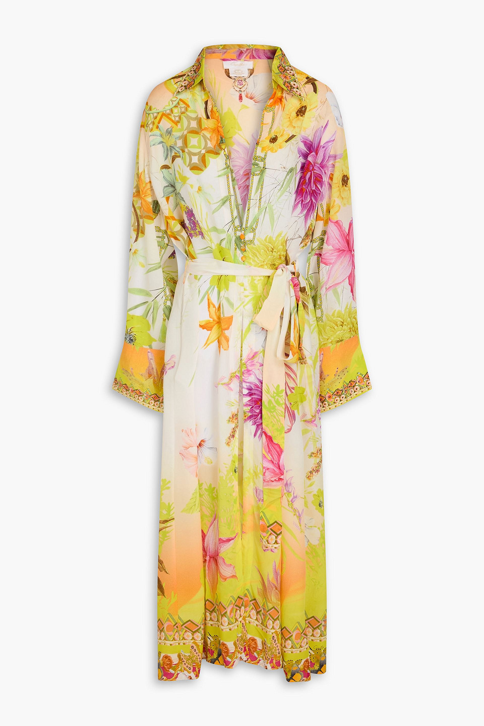 Camilla Crystal-embellished Floral-print Silk Crepe De Chine Robe In Chartreuse