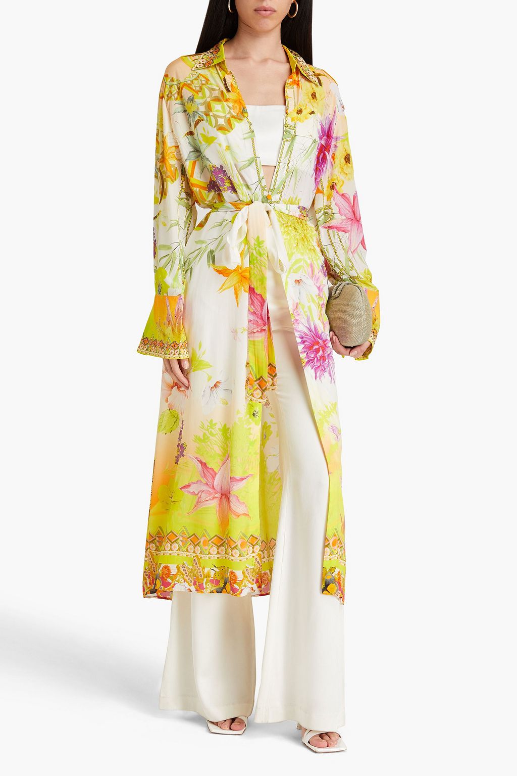 CAMILLA Crystal-embellished floral-print silk crepe de chine robe