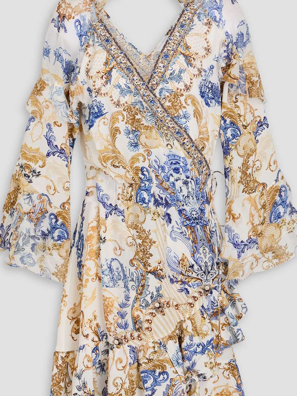 crystal-embellished printed silk crepe de chine mini wrap dress