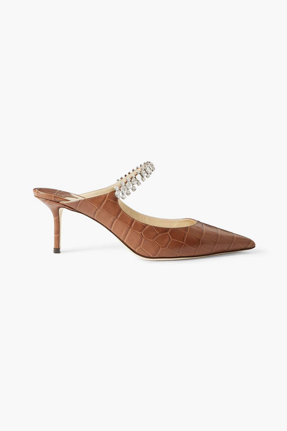 Shop Jimmy Choo Bing 65 Crystal-embellished Croc-effect Leather Mules In Brown