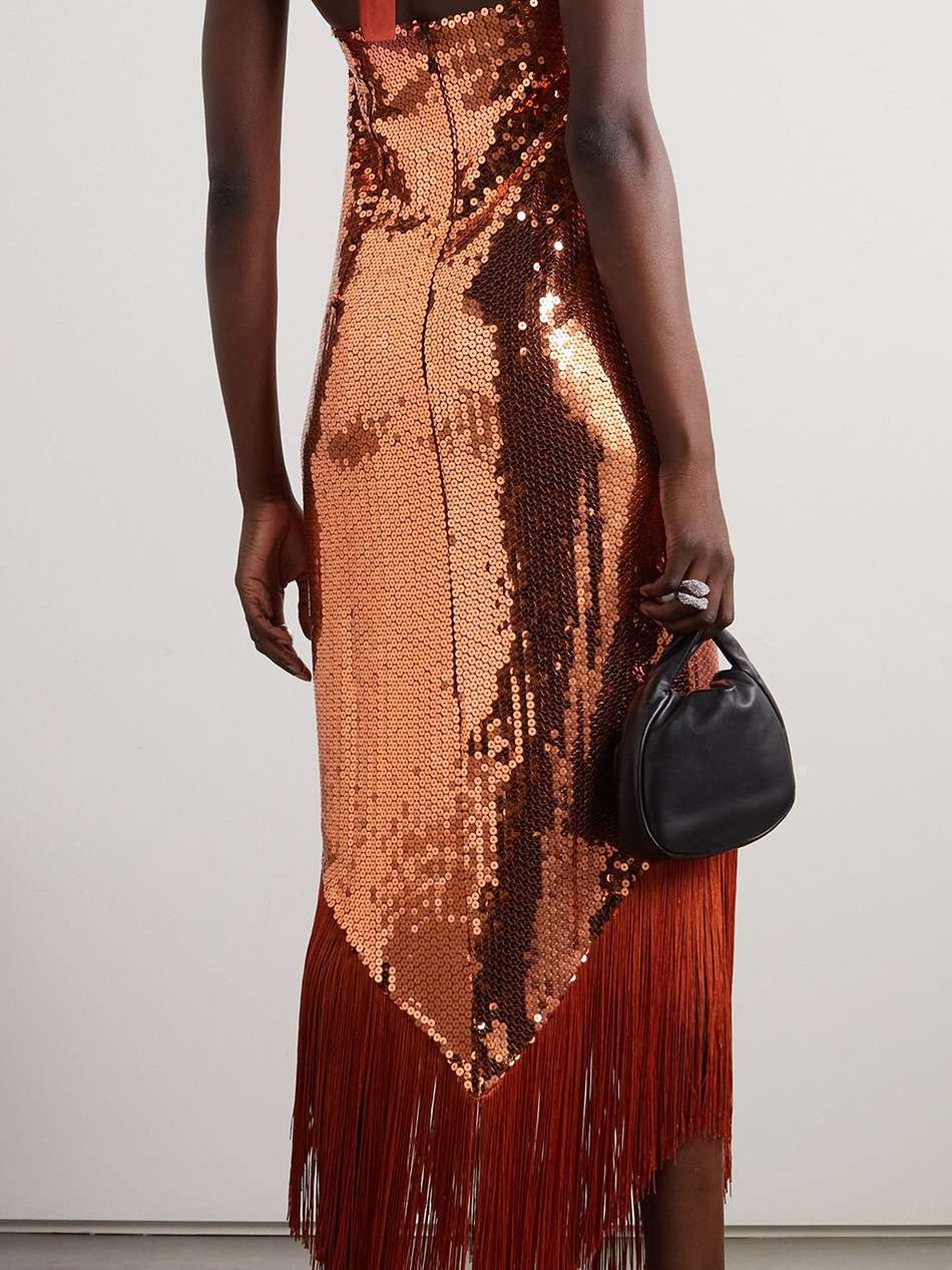 nina fringed satin-trimmed sequined crepe halterneck maxi dress