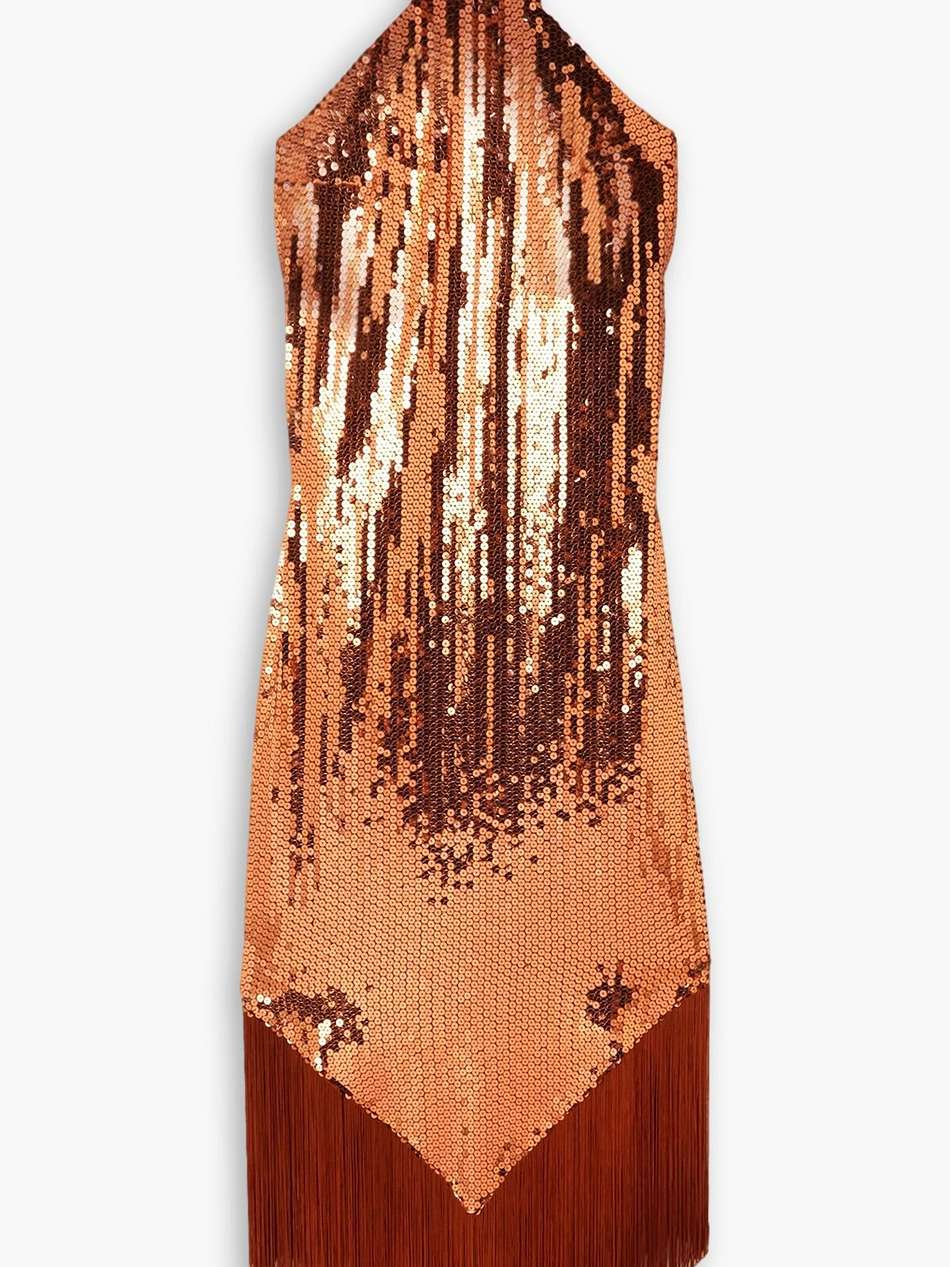nina fringed satin-trimmed sequined crepe halterneck maxi dress