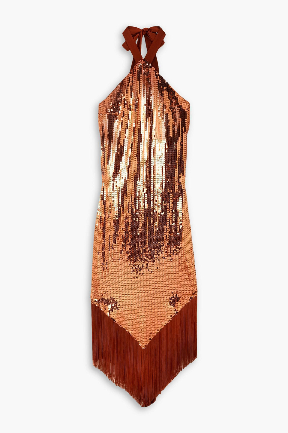 Taller Marmo Nina Fringed Satin-trimmed Sequined Crepe Halterneck Maxi Dress In Copper