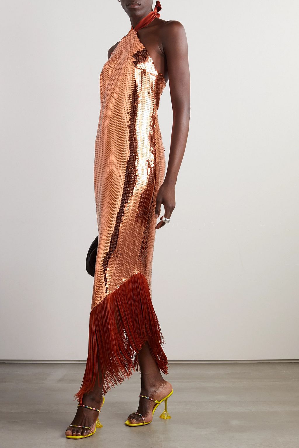 TALLER MARMO Nina fringed satin-trimmed sequined crepe halterneck maxi dress