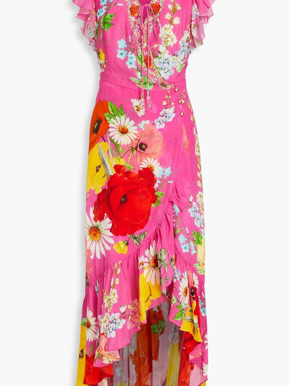 embellished ruffled floral-print silk crepe de chine wrap dress