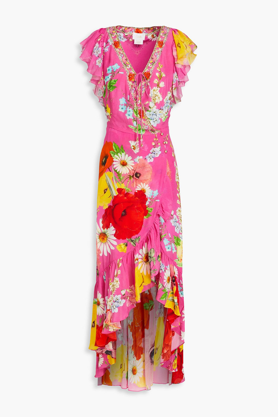 Camilla Embellished Ruffled Floral-print Silk Crepe De Chine Wrap Dress In Fuchsia