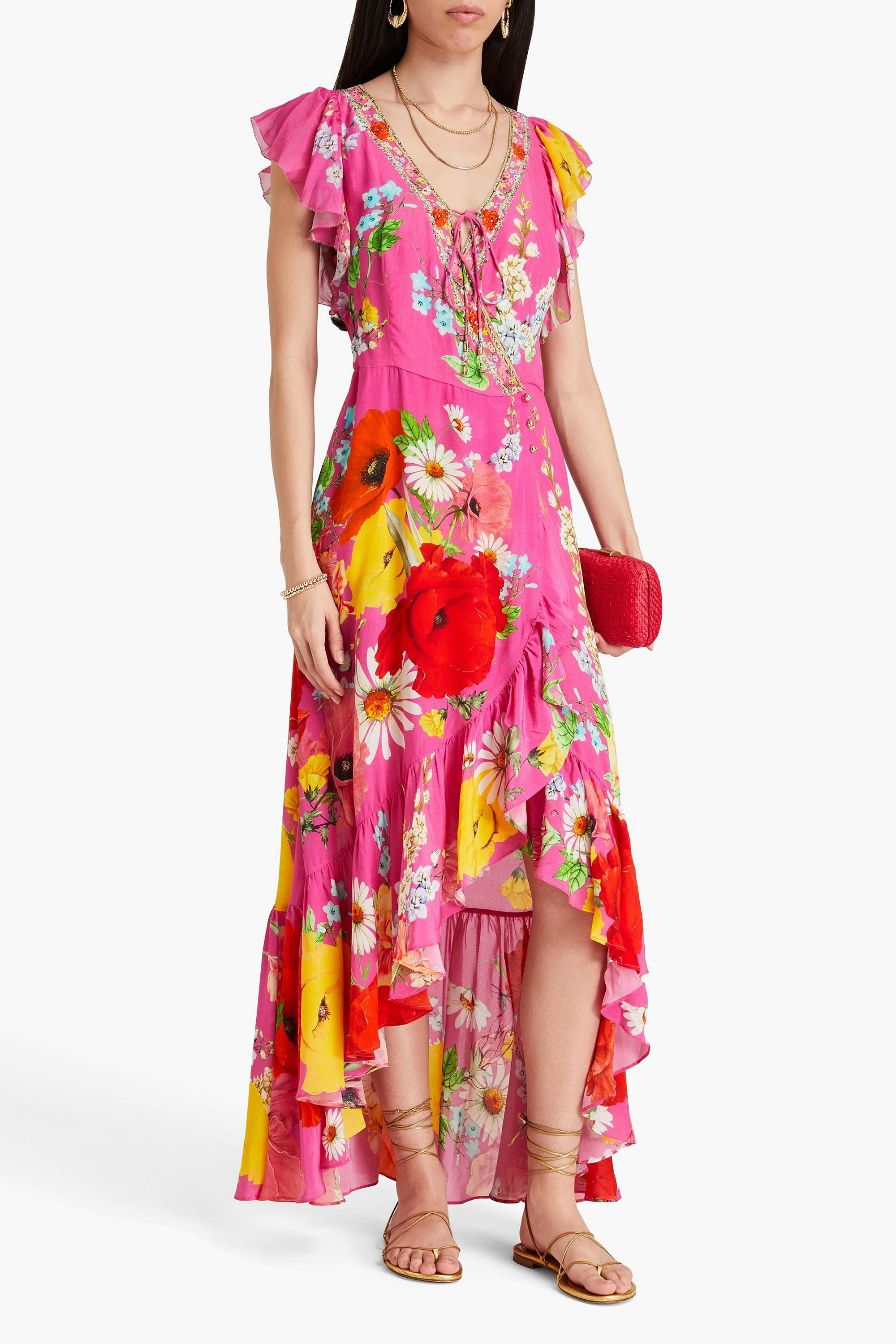 Camilla Embellished ruffled floral-print silk crepe de chine wrap dress