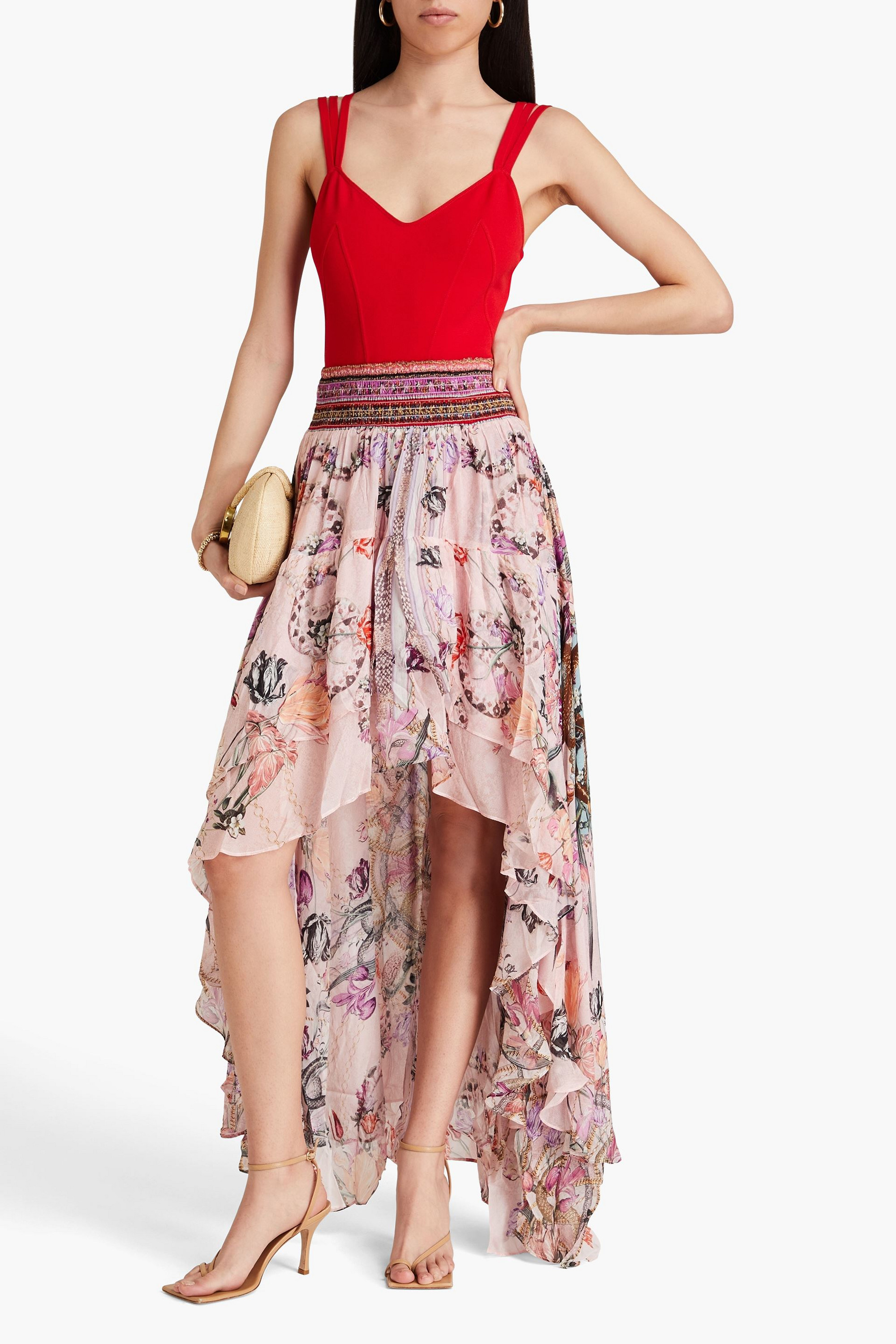 Camilla Crystal-embellished printed silk-chiffon skirt