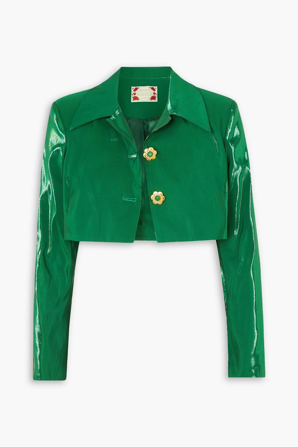 Miss Sohee The Vanguard Cropped Embellished Metallic Silk Top And Jacket Set In Green