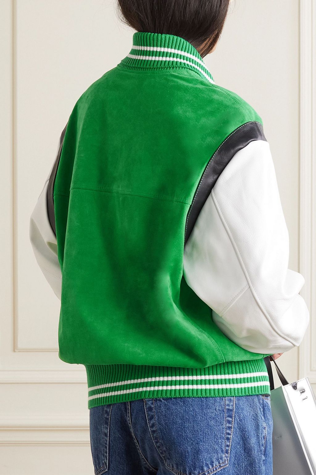 HALFBOY Appliquéd suede and leather bomber jacket