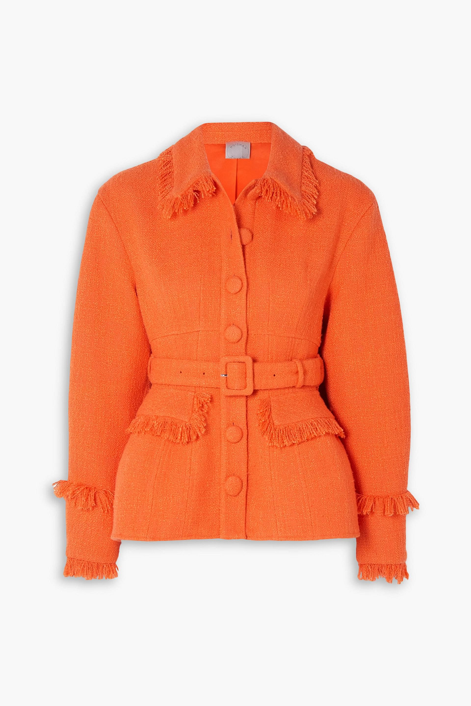 Huishan Zhang Renee Belted Fringed Tweed Jacket In Orange