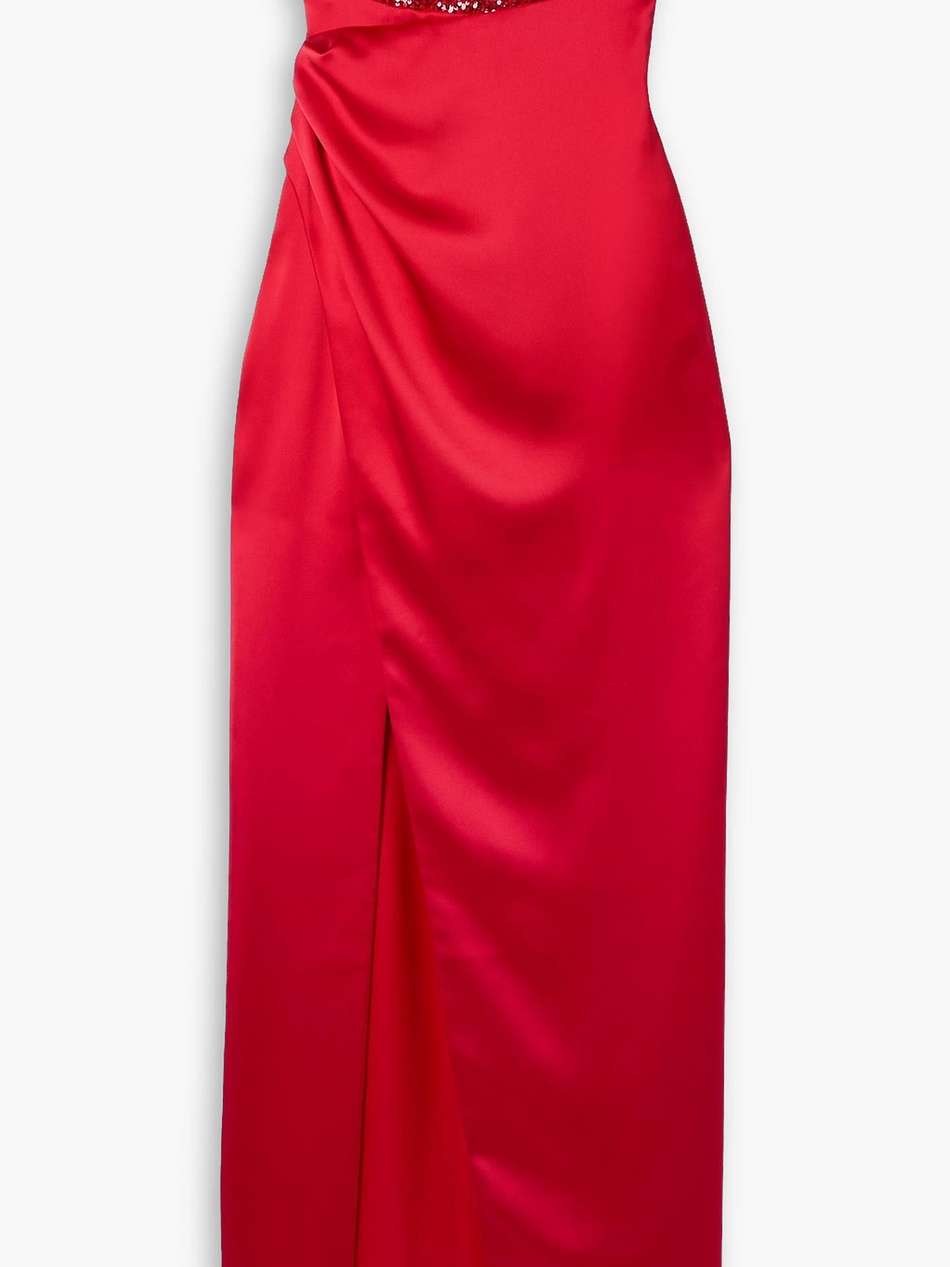 gathered sequin-embellished charmeuse gown