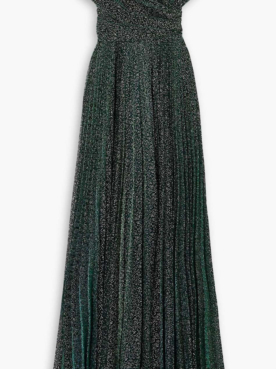 off-the-shoulder glittered metallic voile gown