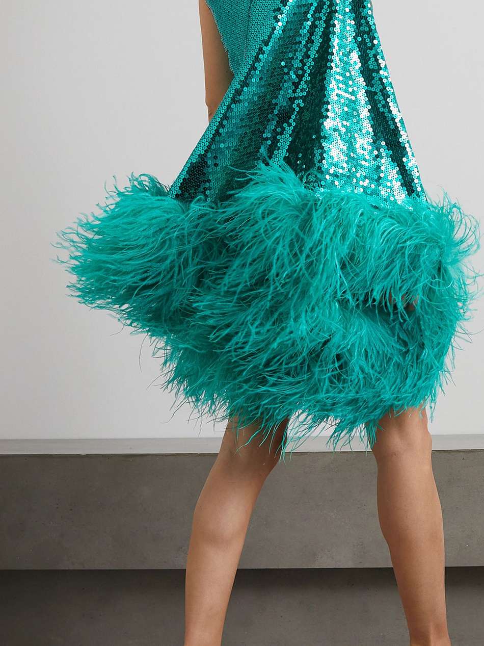 piccolo disco ubud one-shoulder feather-trimmed crepe mini dress