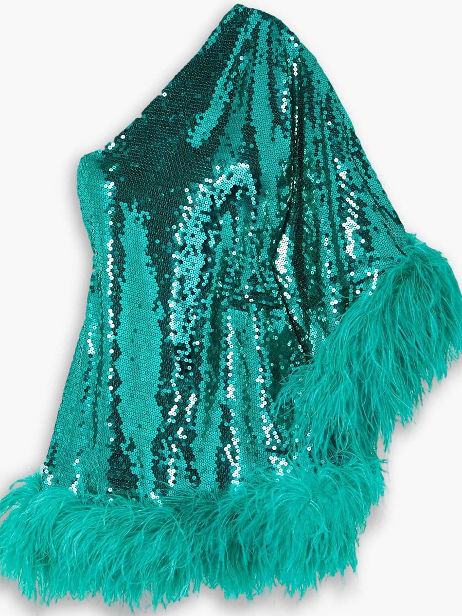 piccolo disco ubud one-shoulder feather-trimmed crepe mini dress
