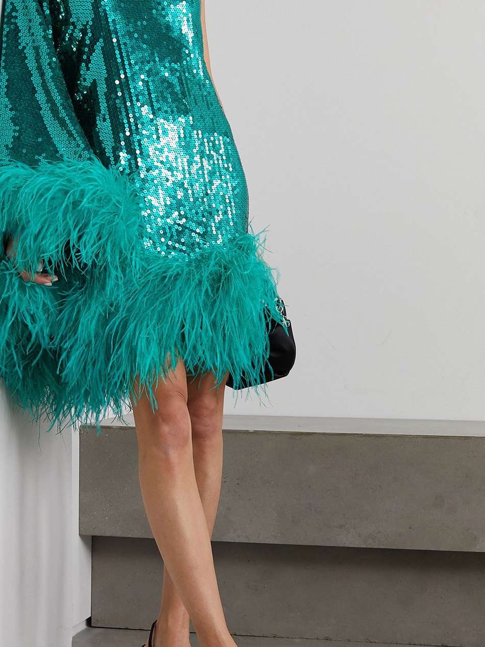 piccolo disco ubud one-shoulder feather-trimmed crepe mini dress