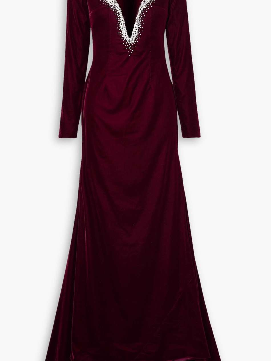 crystal-embellished cutout stretch-velvet gown