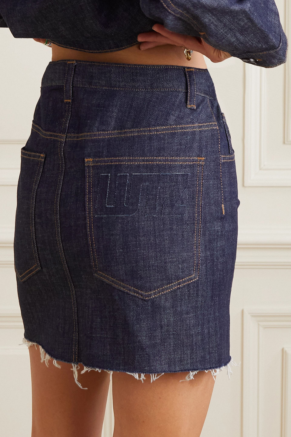 Shop Az Factory Lutz Huelle Frayed Denim Mini Skirt In Dark Denim