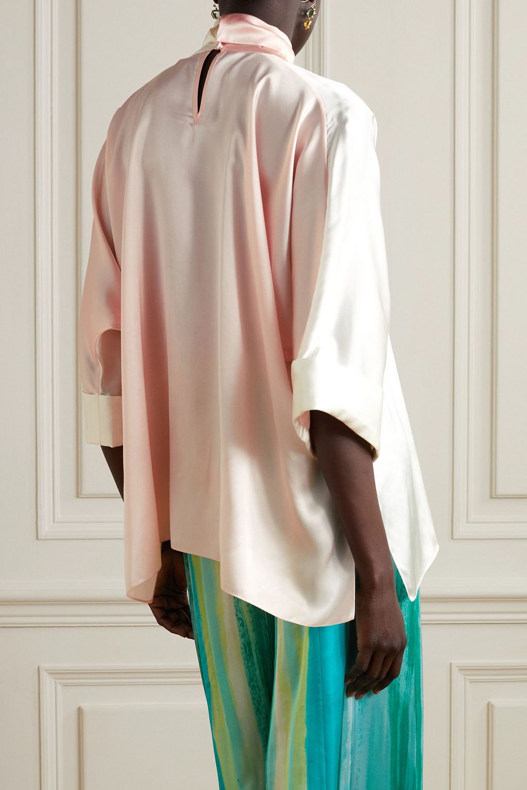 HALPERN Oversized tie-detailed two-tone silk-charmeuse blouse
