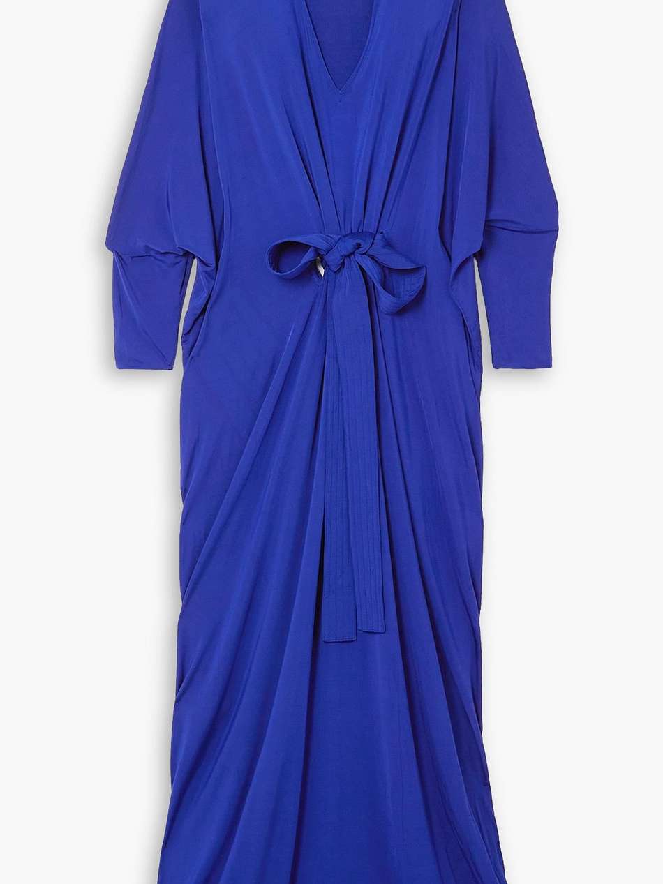 belted velvet-trimmed jersey gown