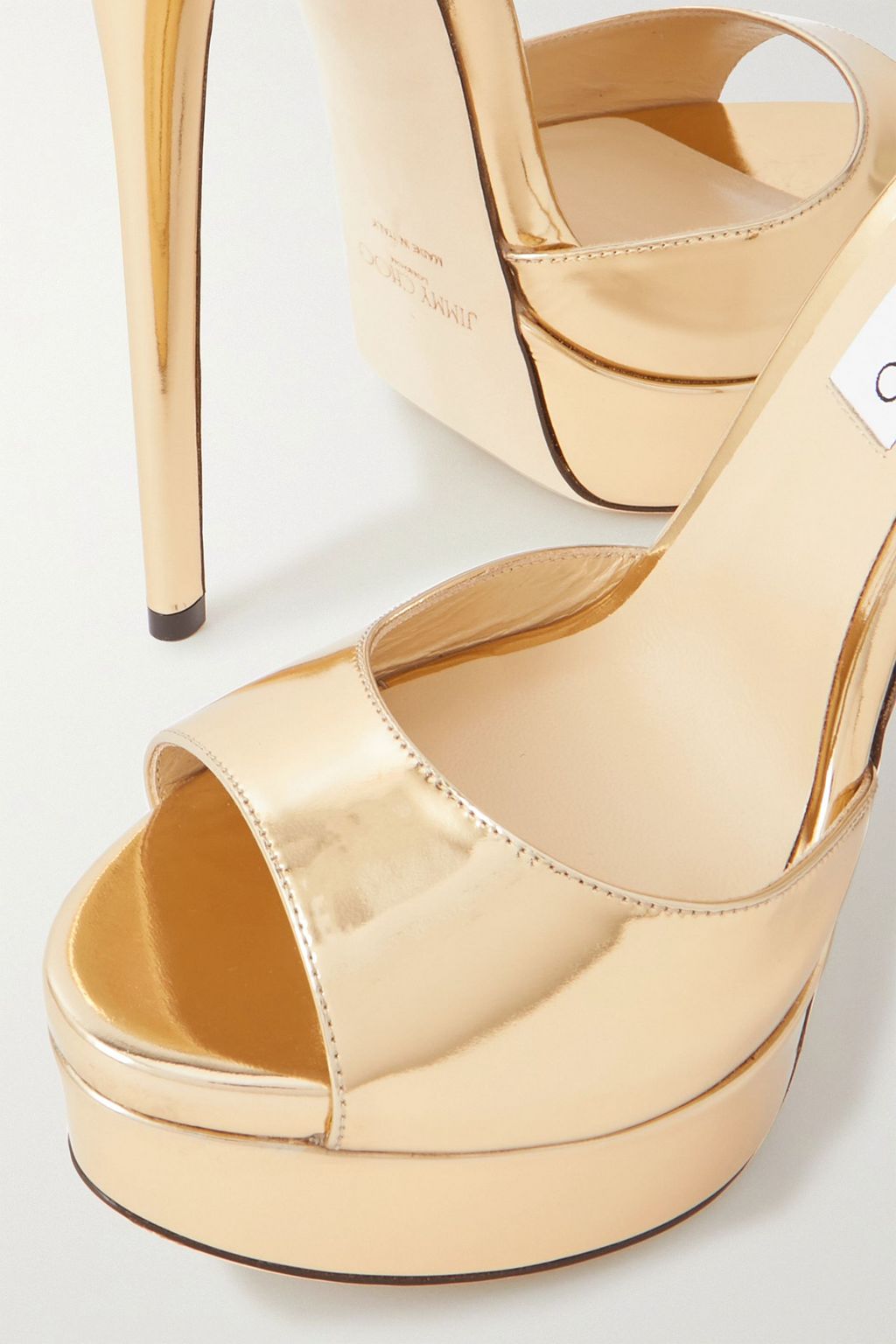 JIMMY CHOO 맥스 메탈릭 가죽 플랫폼 샌들 150mm