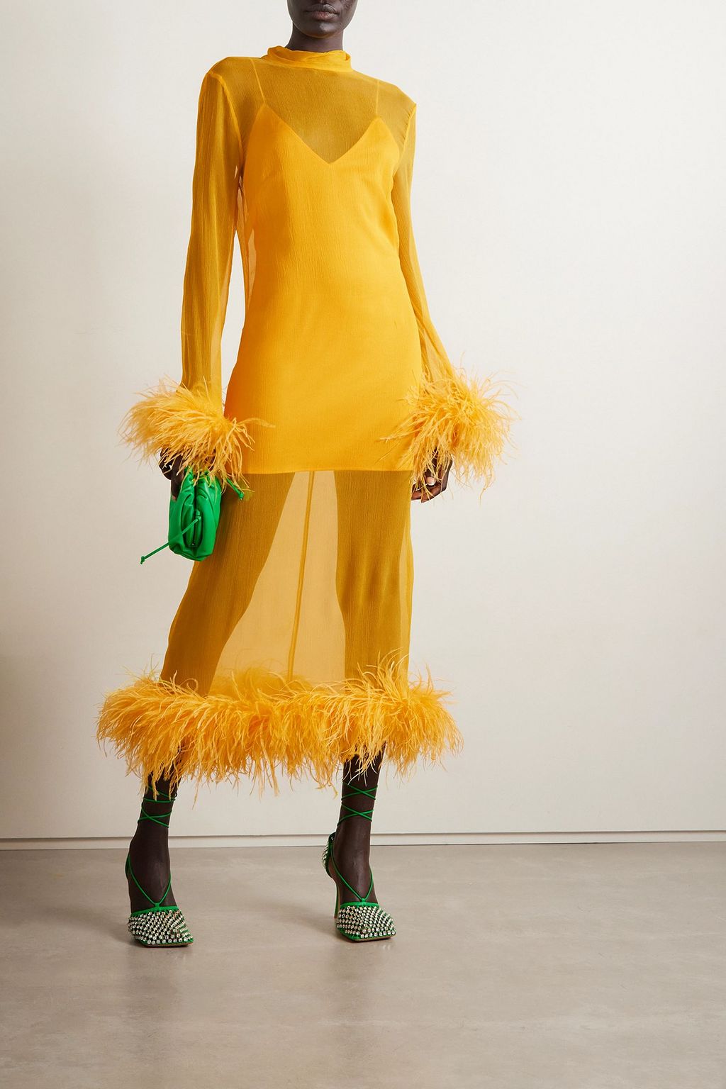 TALLER MARMO Gina Venti feather-trimmed silk-georgette midi dress