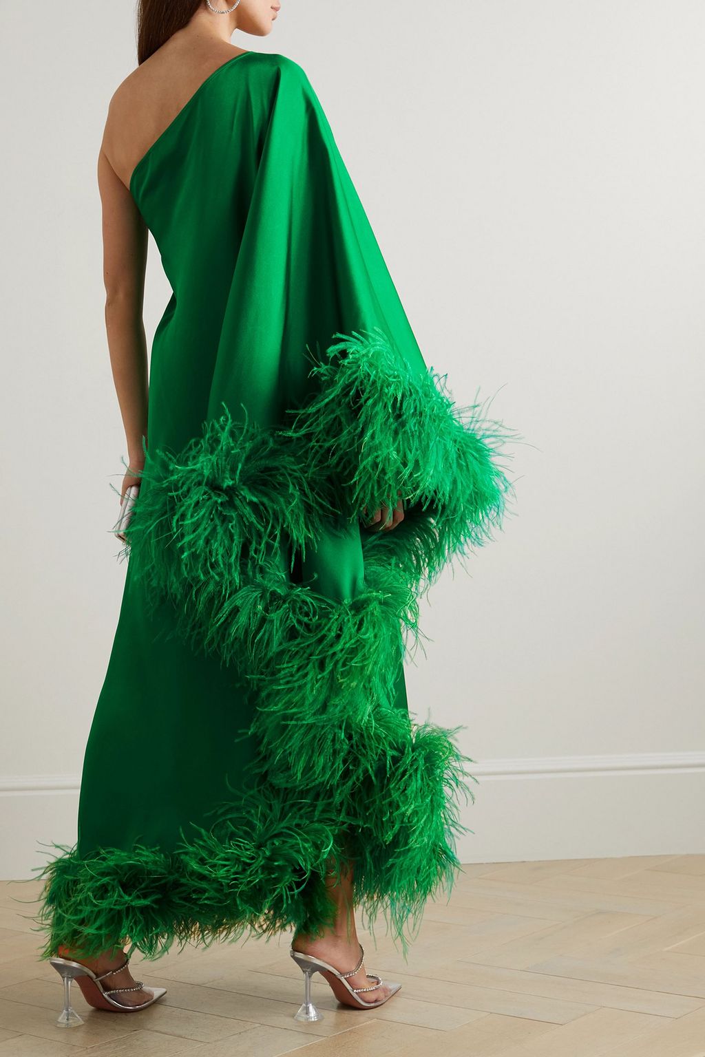 TALLER MARMO Ubud one-shoulder feather-trimmed satin-crepe maxi dress