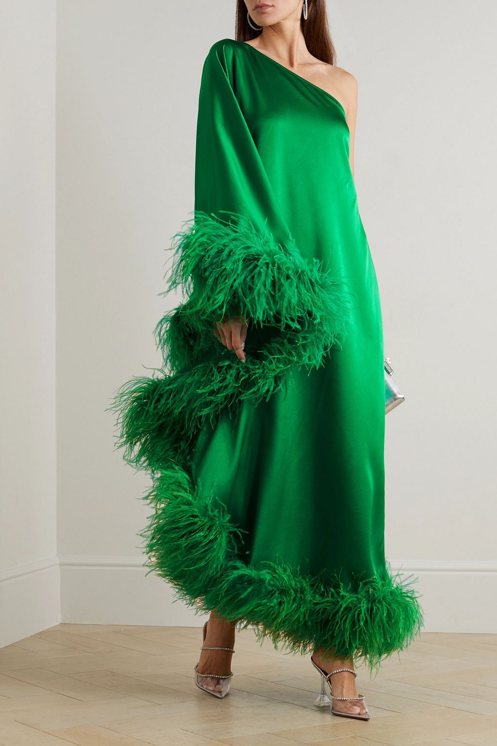 TALLER MARMO Ubud one-shoulder feather-trimmed satin-crepe maxi dress
